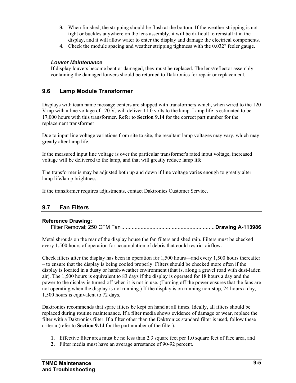 Louver maintenance, Lamp module transformer, Fan filters | Louver maintenance -5, Lamp module transformer -5, Fan filters -5 | Daktronics BA-515 User Manual | Page 43 / 144