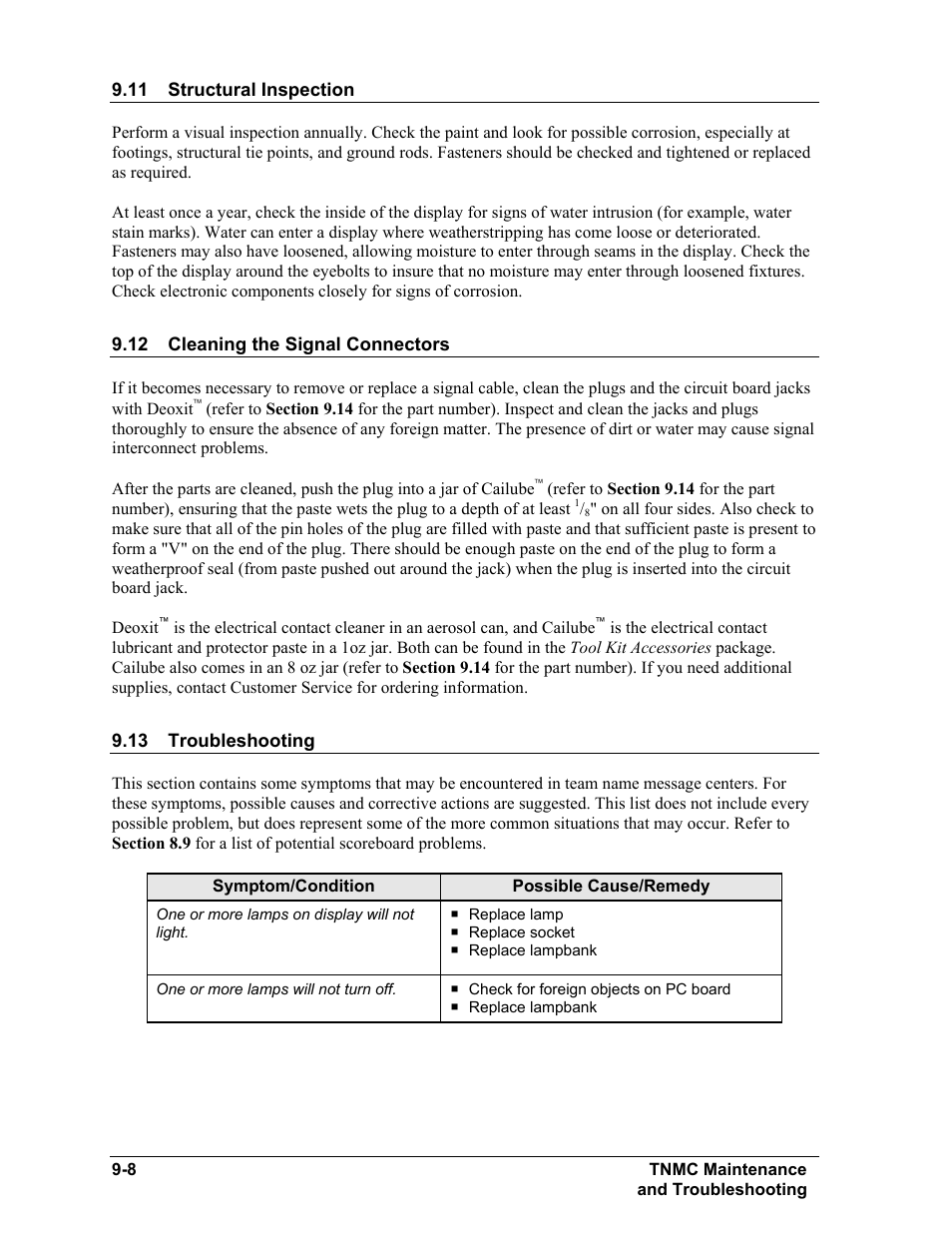 Structural inspection, Cleaning the signal connectors, Troubleshooting | Structural inspection -8, Cleaning the signal connectors -8, Troubleshooting -8 | Daktronics BA-515 User Manual | Page 46 / 144