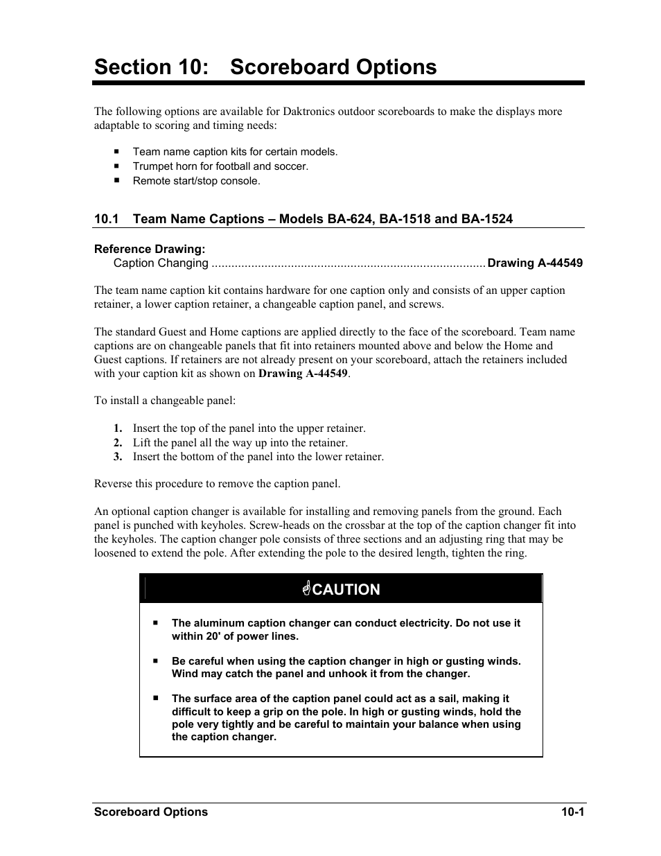 Scoreboard options, Team name captions – models ba-624, ba-1518 and b, Section 10 | Scoreboard options -1, Caution | Daktronics BA-515 User Manual | Page 49 / 144