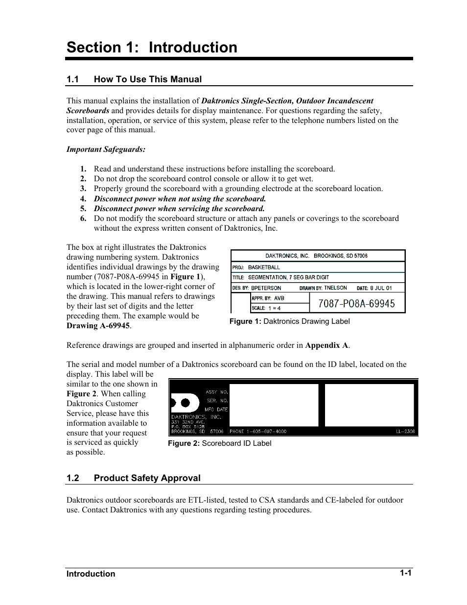 Introduction, How to use this manual, Product safety approval | Section 1, Introduction -1, How to use this manual -1, Product safety approval -1 | Daktronics BA-515 User Manual | Page 5 / 144