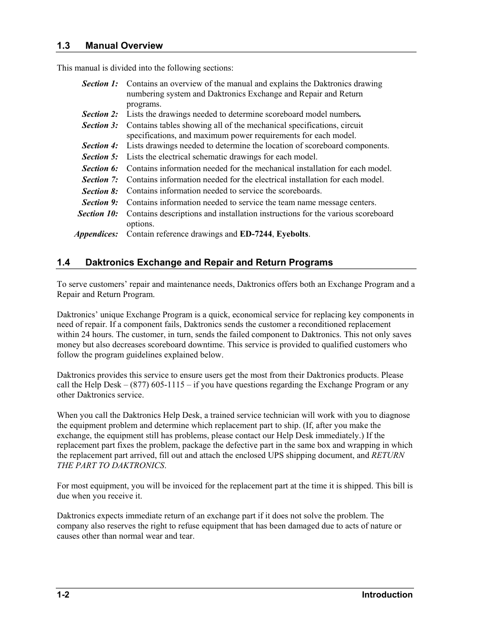 Manual overview, Daktronics exchange and repair and return programs, Manual overview -2 | Daktronics BA-515 User Manual | Page 6 / 144