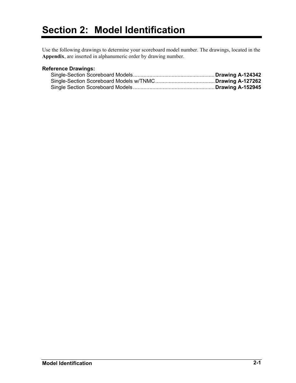 Model identification, Section 2, Model identification -1 | Daktronics BA-515 User Manual | Page 9 / 144