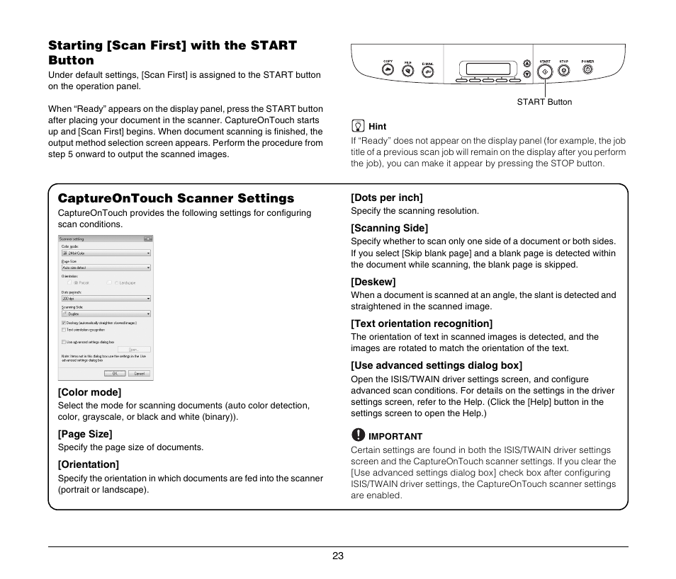 Starting [scan first] with the start button, Captureontouch scanner settings | Canon DR-2020U User Manual | Page 27 / 40