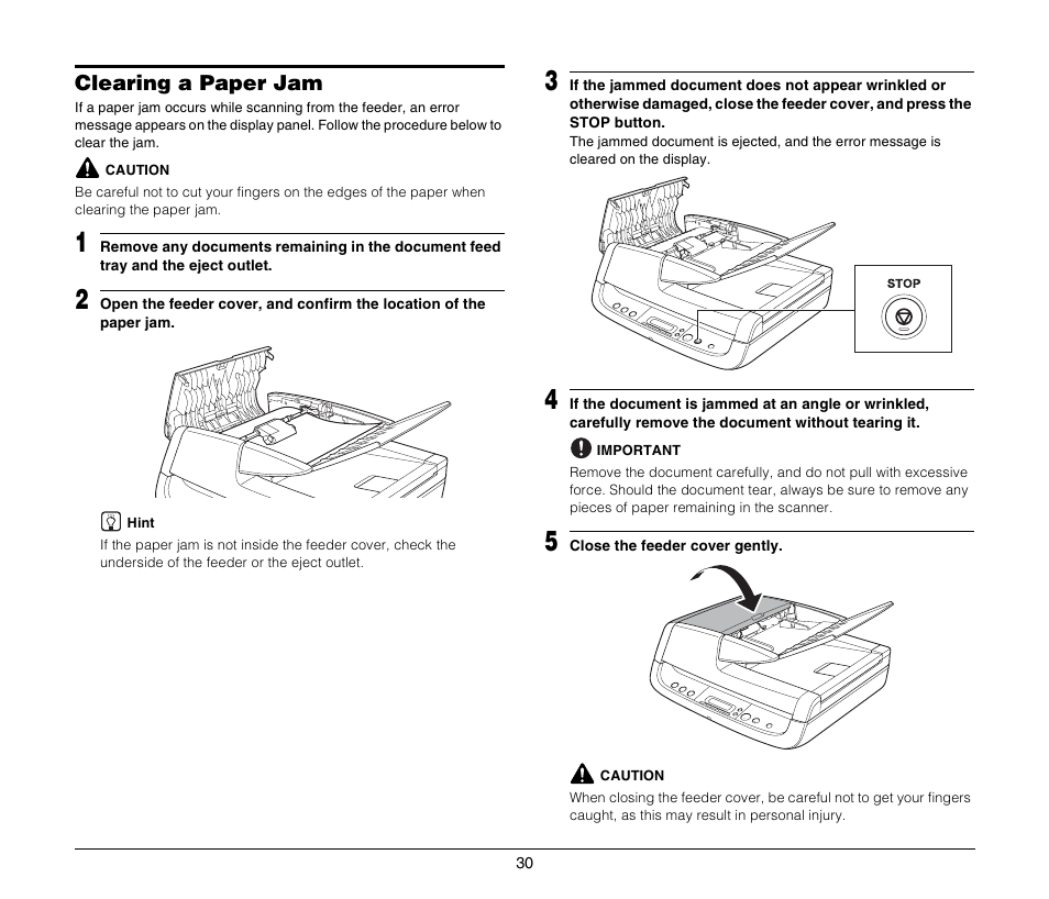 Clearing a paper jam | Canon DR-2020U User Manual | Page 34 / 40
