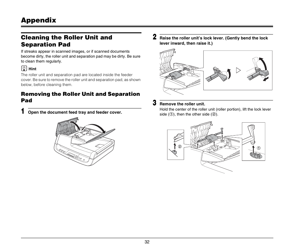 Appendix, Cleaning the roller unit and separation pad | Canon DR-2020U User Manual | Page 36 / 40