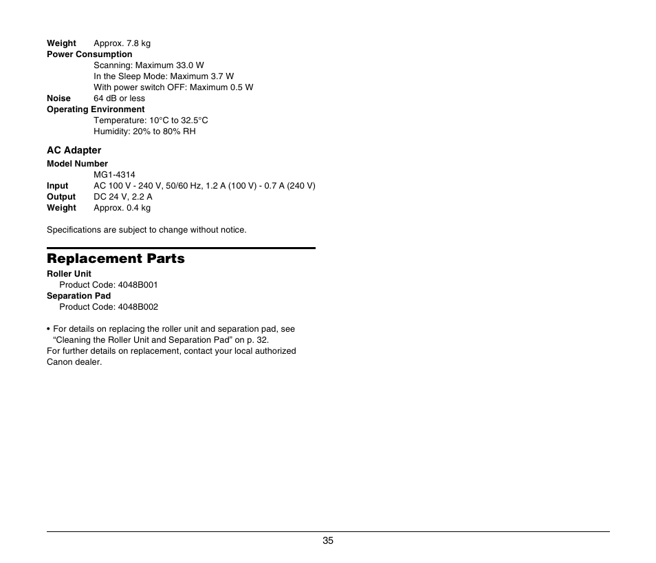Replacement parts | Canon DR-2020U User Manual | Page 39 / 40