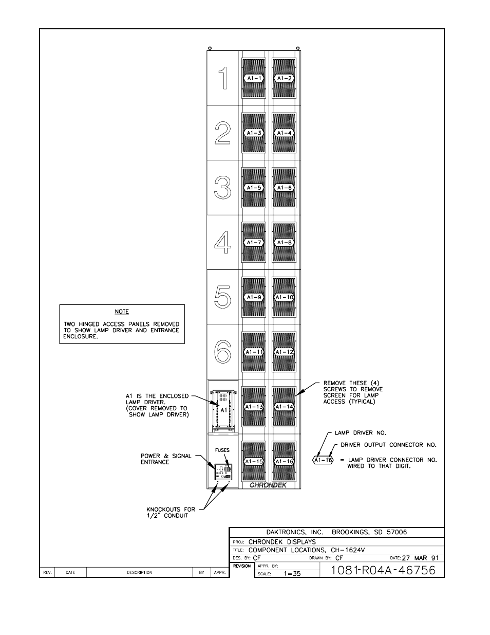 Drawing a-46756, Component locations, ch-1624v... drawing a-46756 | Daktronics CH-1624V User Manual | Page 11 / 24