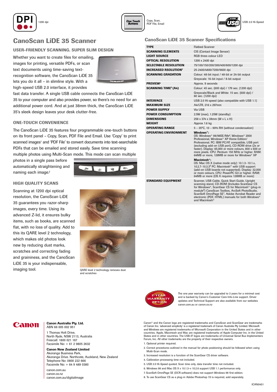 Canoscan lide 35 scanner, Canoscan lide 35 scanner specifications | Canon LiDE 35 User Manual | Page 2 / 2