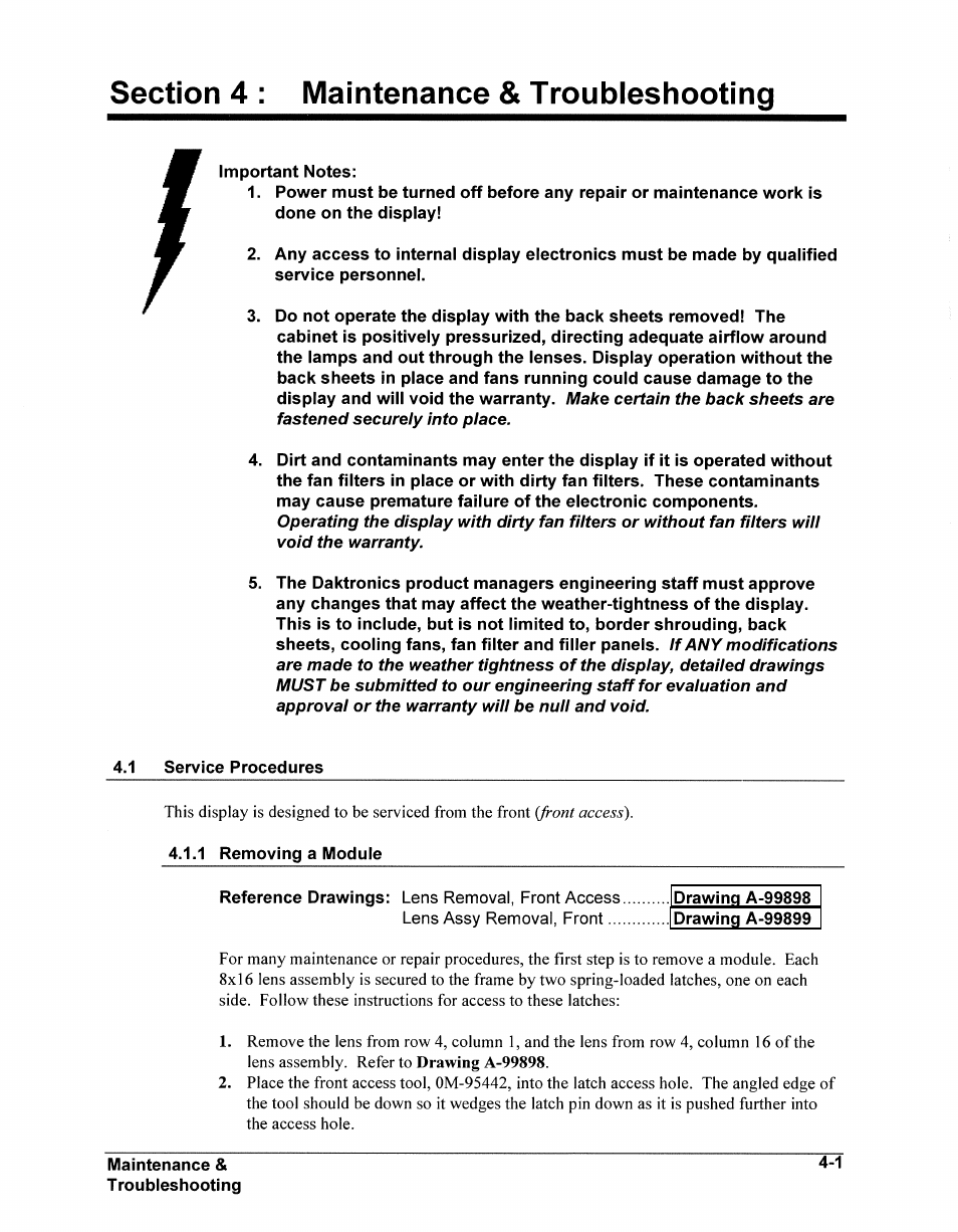 Section 4: maintenance & troubleshooting | Daktronics AB-1600-1.5,2.5 User Manual | Page 41 / 105