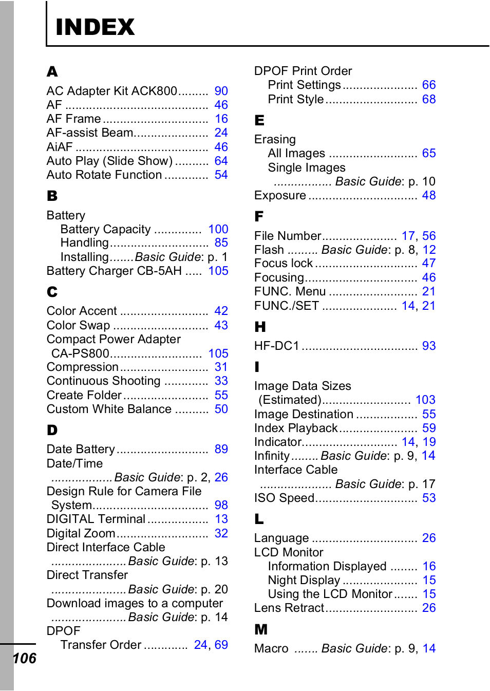 Index | Canon A420 User Manual | Page 108 / 115
