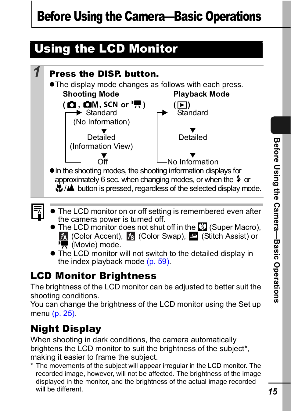Before using the camera—basic operations, Using the lcd monitor, P. 15) | Lcd monitor brightness, Night display | Canon A420 User Manual | Page 17 / 115