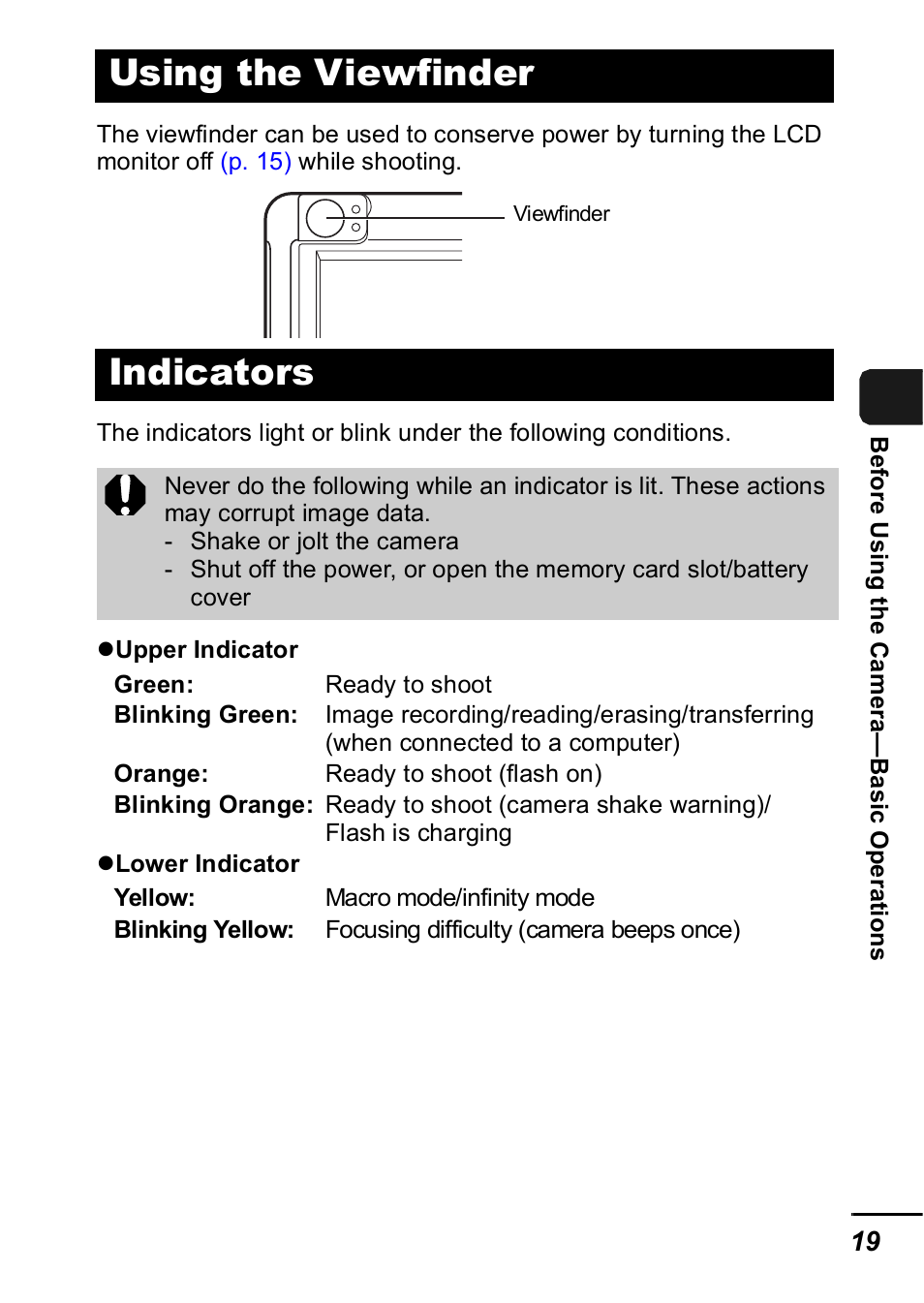Using the viewfinder, Indicators, Using the viewfinder indicators | P. 19) | Canon A420 User Manual | Page 21 / 115