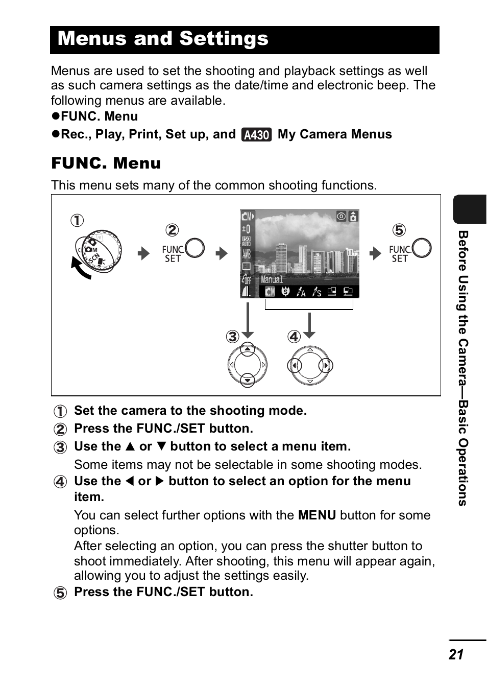 Menus and settings, P. 21), Func. menu | Canon A420 User Manual | Page 23 / 115