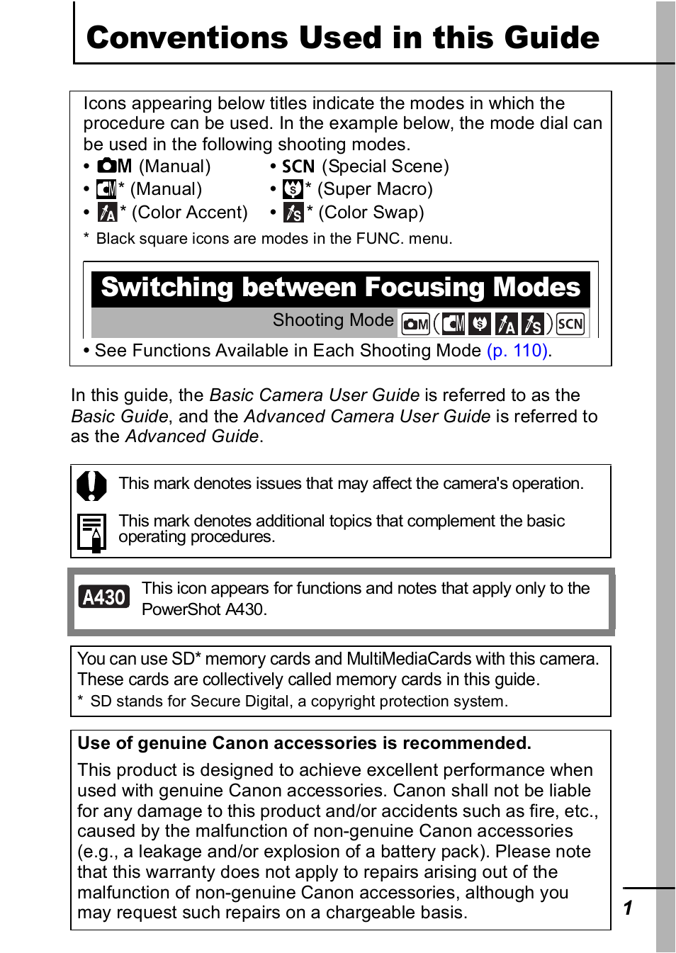 Conventions used in this guide, Switching between focusing modes | Canon A420 User Manual | Page 3 / 115