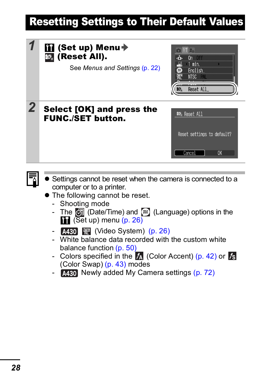 Resetting settings to their default values, P. 28 | Canon A420 User Manual | Page 30 / 115