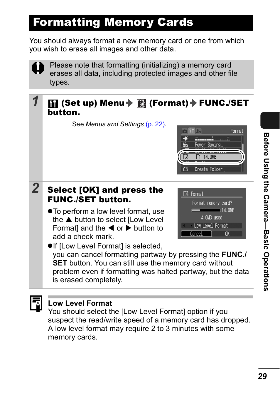Formatting memory cards, P. 29 | Canon A420 User Manual | Page 31 / 115