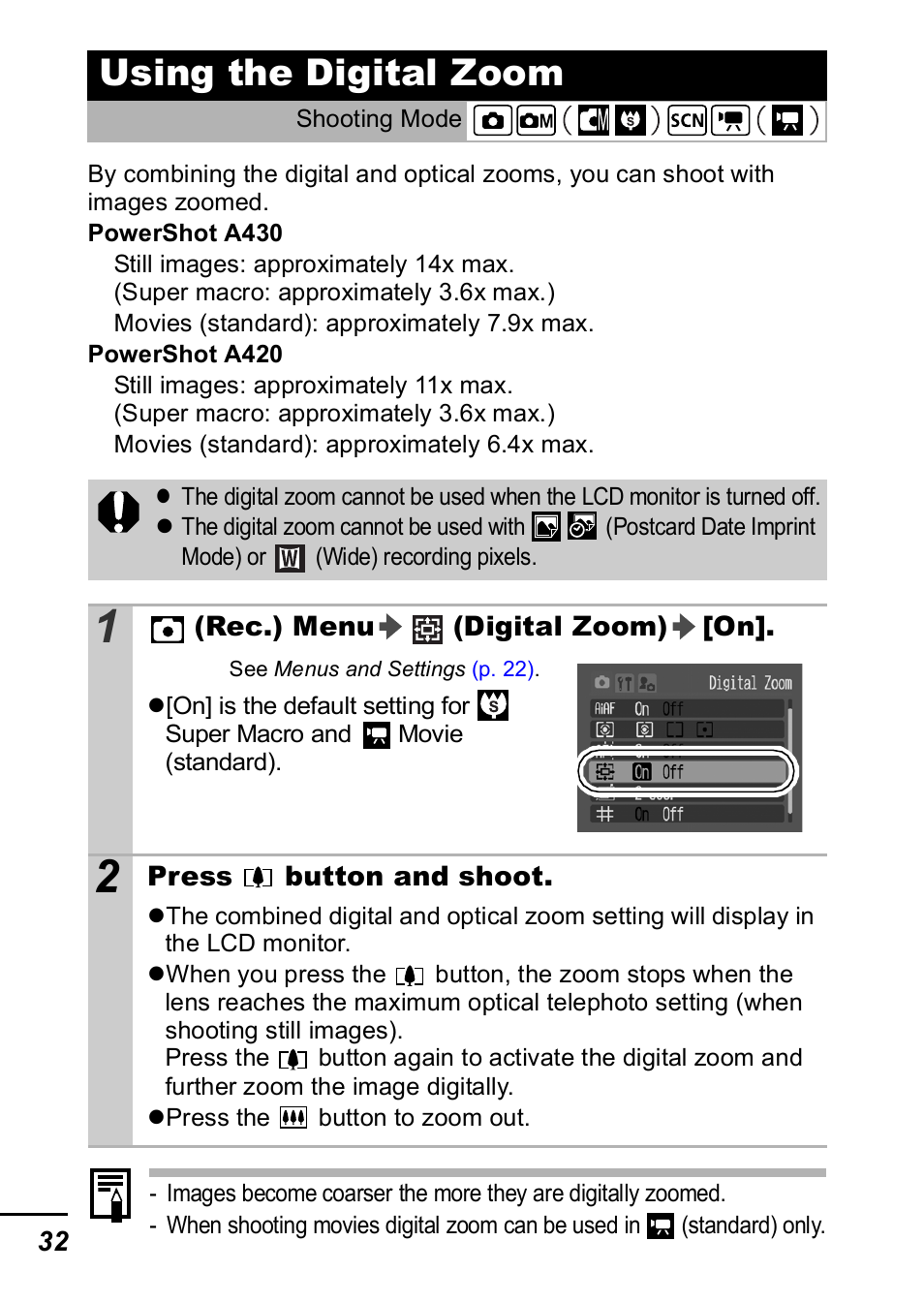 Using the digital zoom, P. 32, P. 32) | Canon A420 User Manual | Page 34 / 115