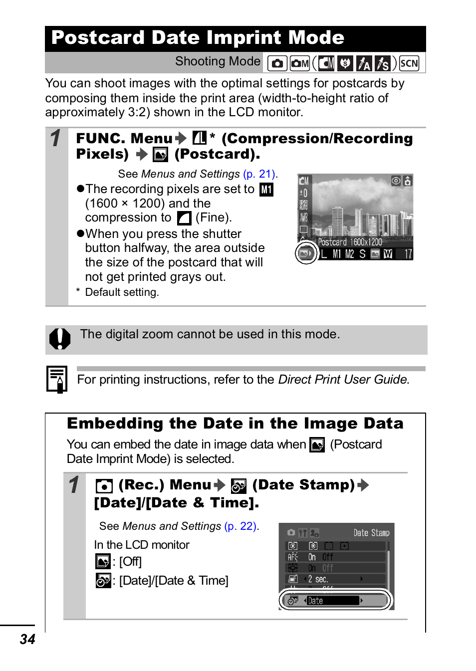 Postcard date imprint mode, P. 34, P. 34) | Embedding the date in the image data | Canon A420 User Manual | Page 36 / 115