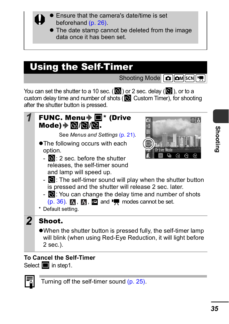 Using the self-timer, P. 35), P. 35 | Canon A420 User Manual | Page 37 / 115
