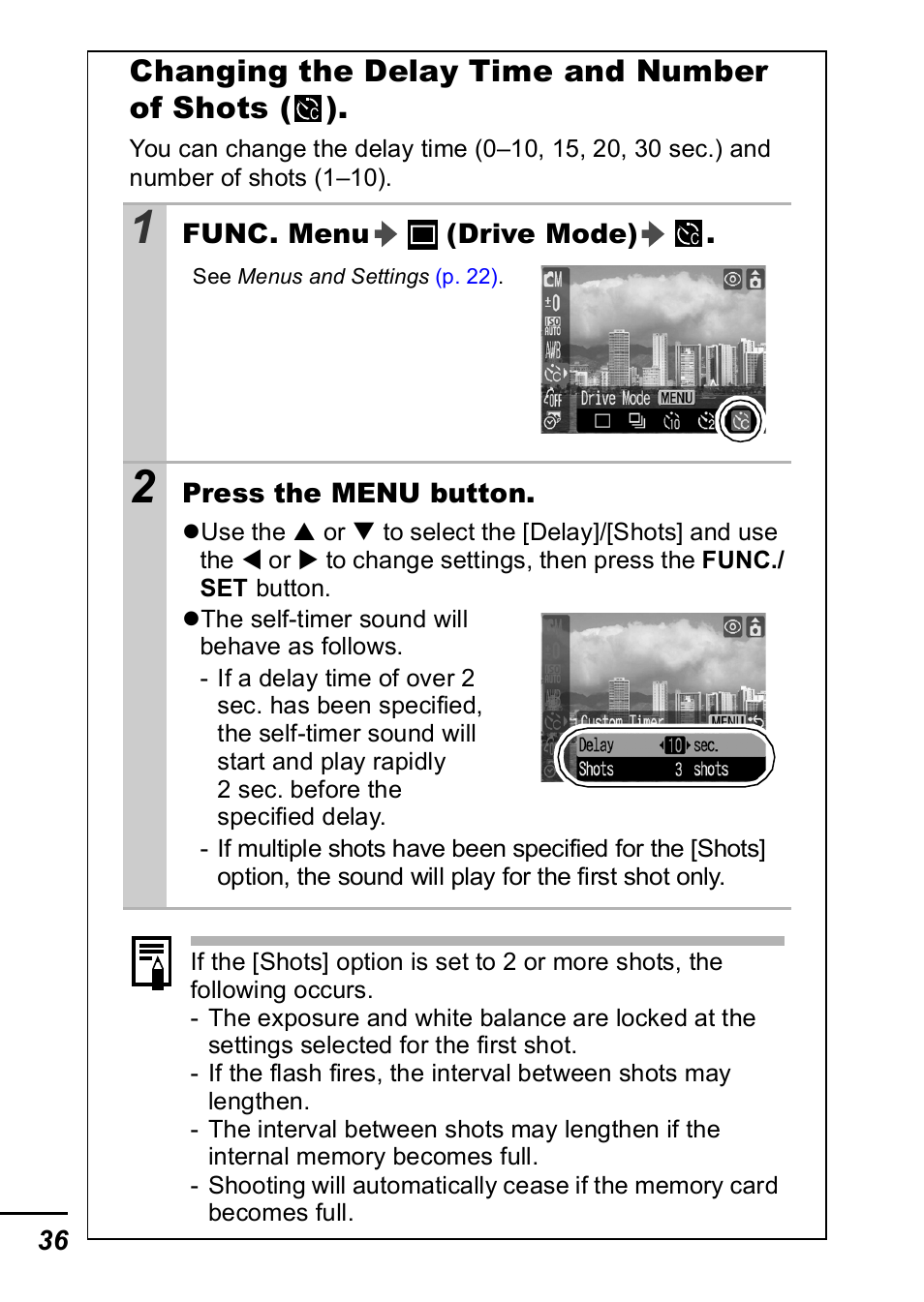 P. 36), Changing the delay time and number of shots ( ) | Canon A420 User Manual | Page 38 / 115