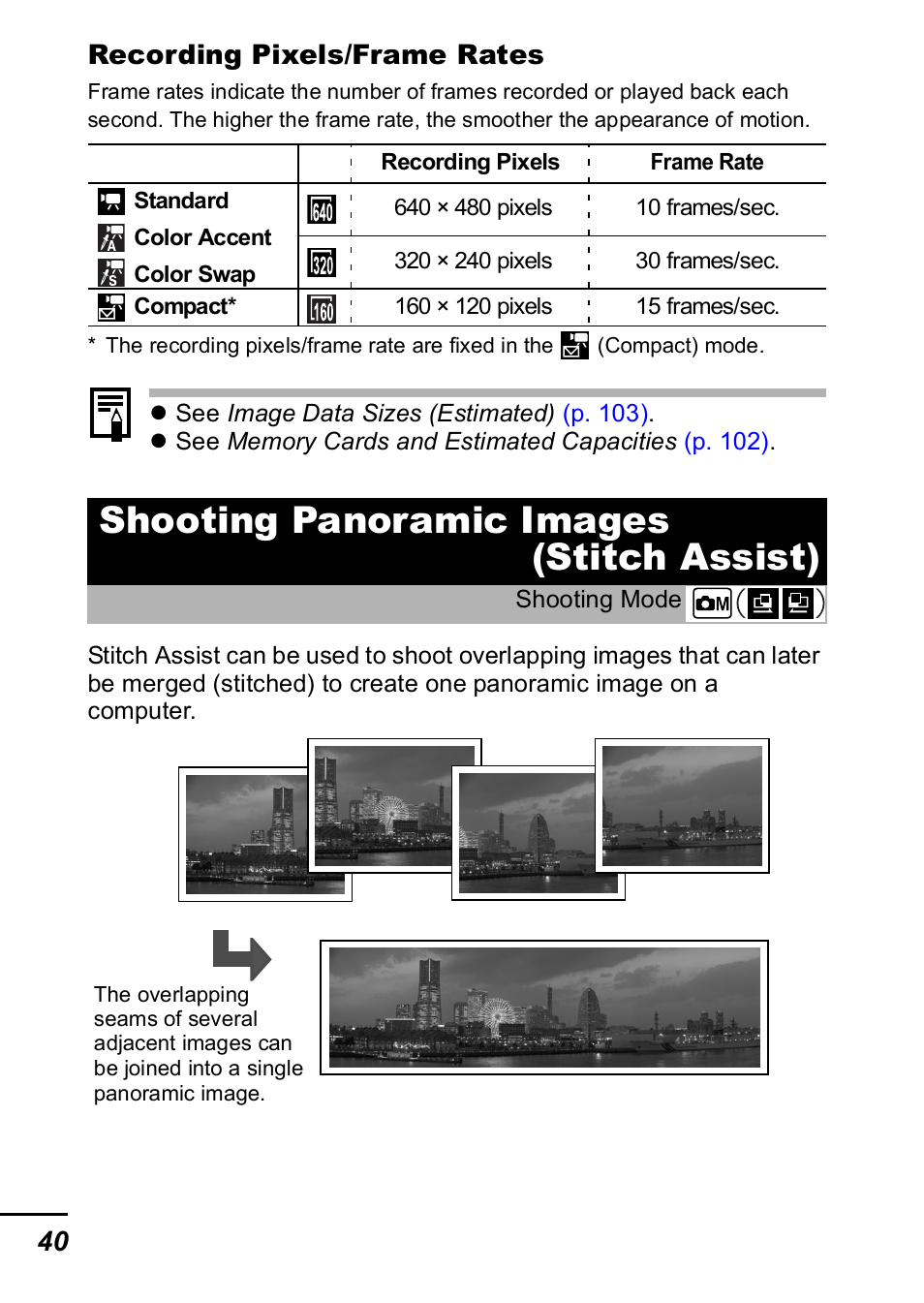 Shooting panoramic images (stitch assist), P. 40 | Canon A420 User Manual | Page 42 / 115