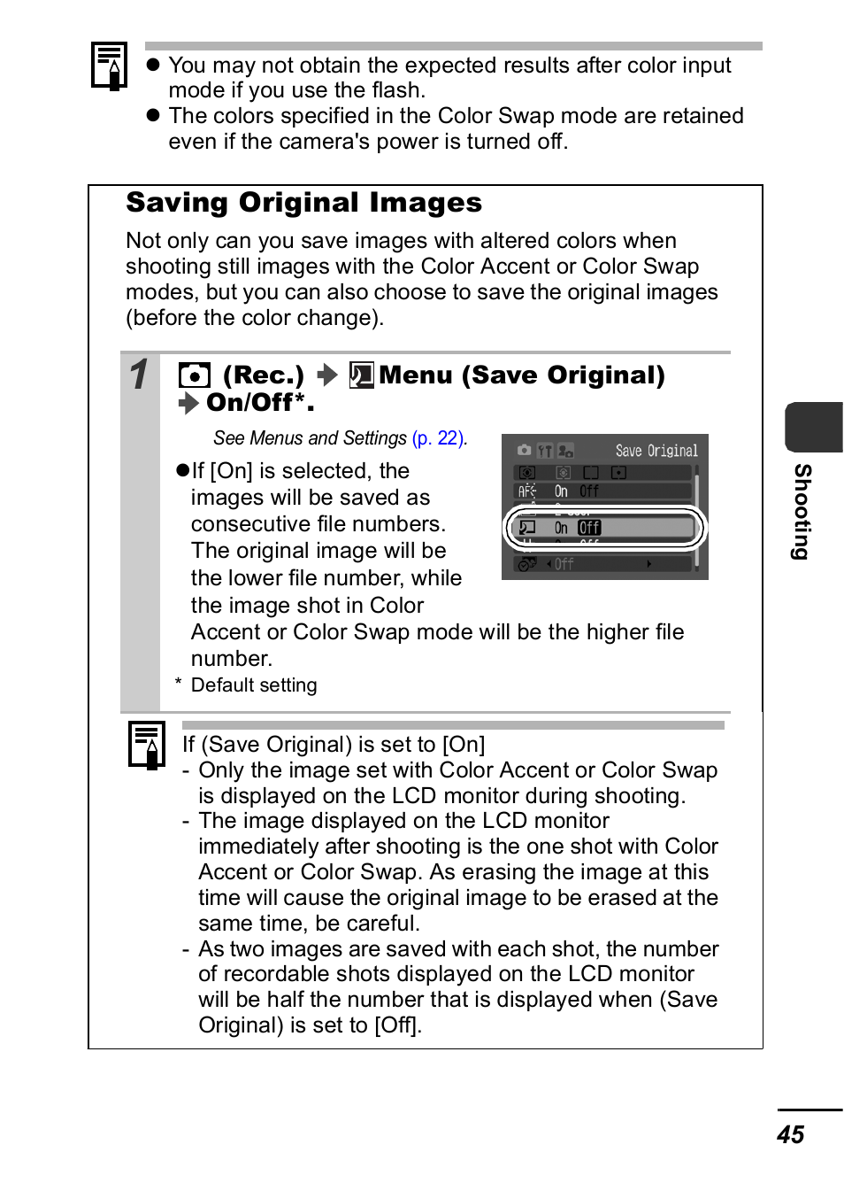 P. 45, Saving original images | Canon A420 User Manual | Page 47 / 115