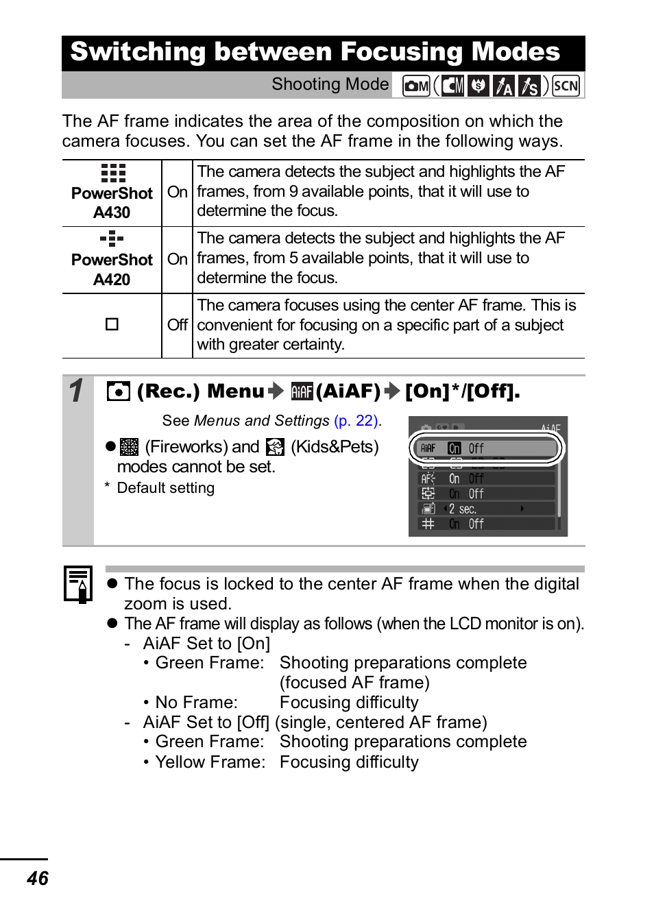 Switching between focusing modes, P. 46), P. 46 | Canon A420 User Manual | Page 48 / 115