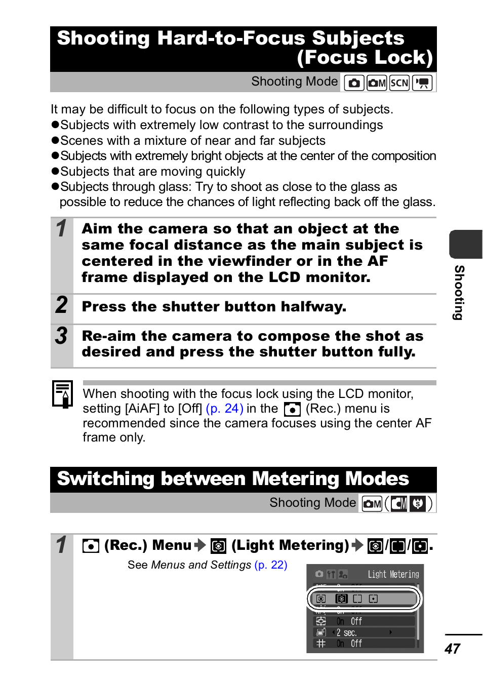Shooting hard-to-focus subjects (focus lock), Switching between metering modes, P. 47) | P. 47 | Canon A420 User Manual | Page 49 / 115