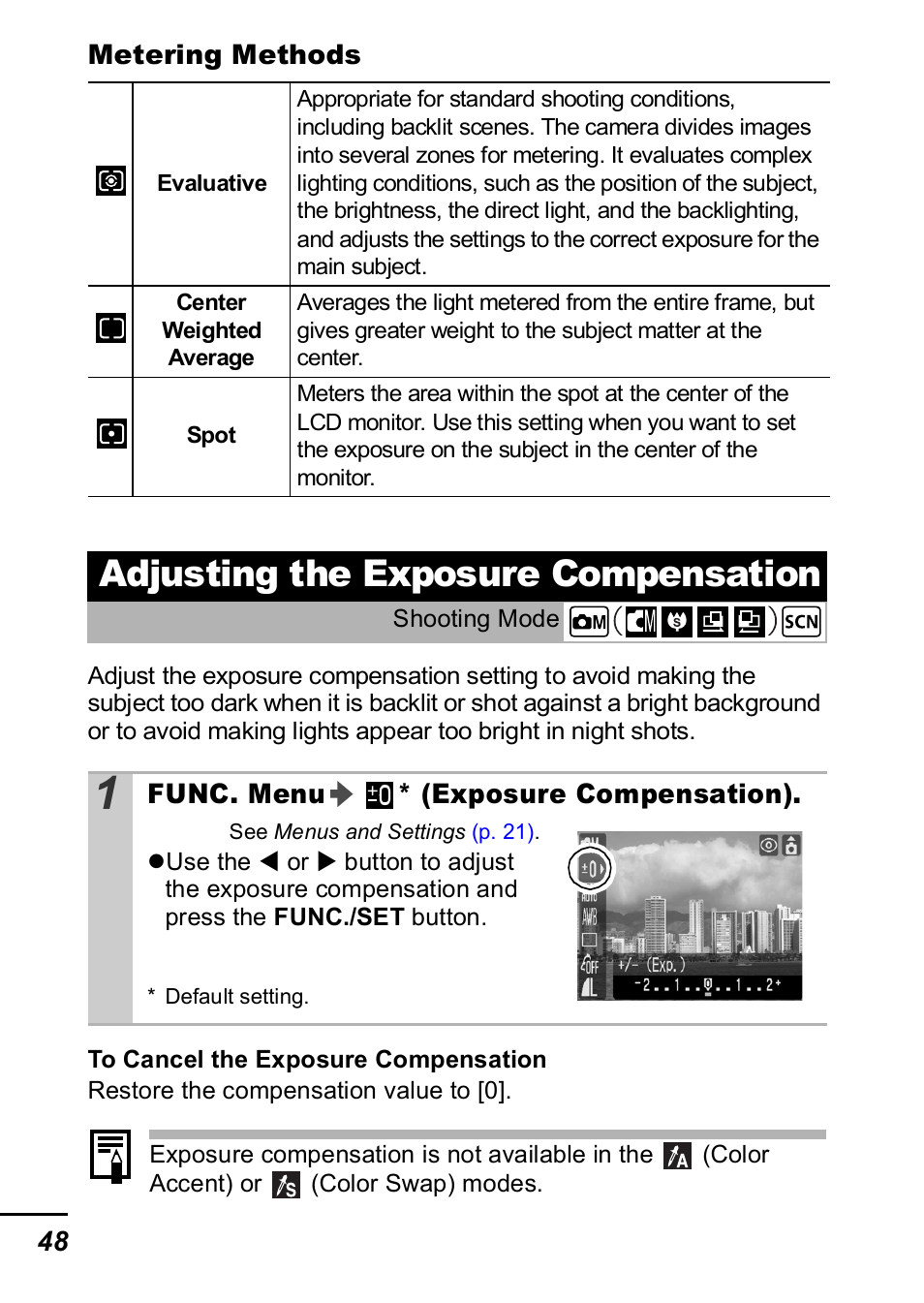 Adjusting the exposure compensation, P. 48), P. 48 | Canon A420 User Manual | Page 50 / 115