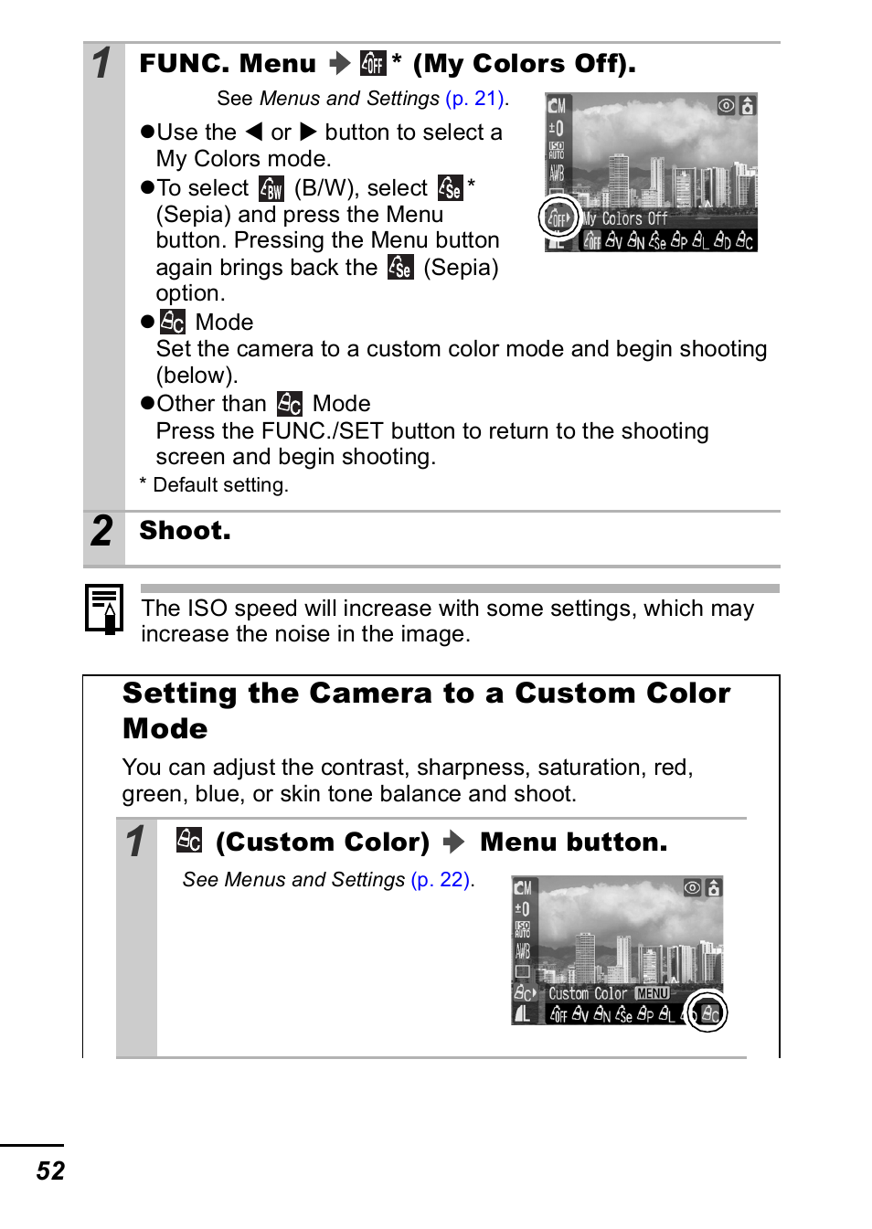 Setting the camera to a custom color mode | Canon A420 User Manual | Page 54 / 115