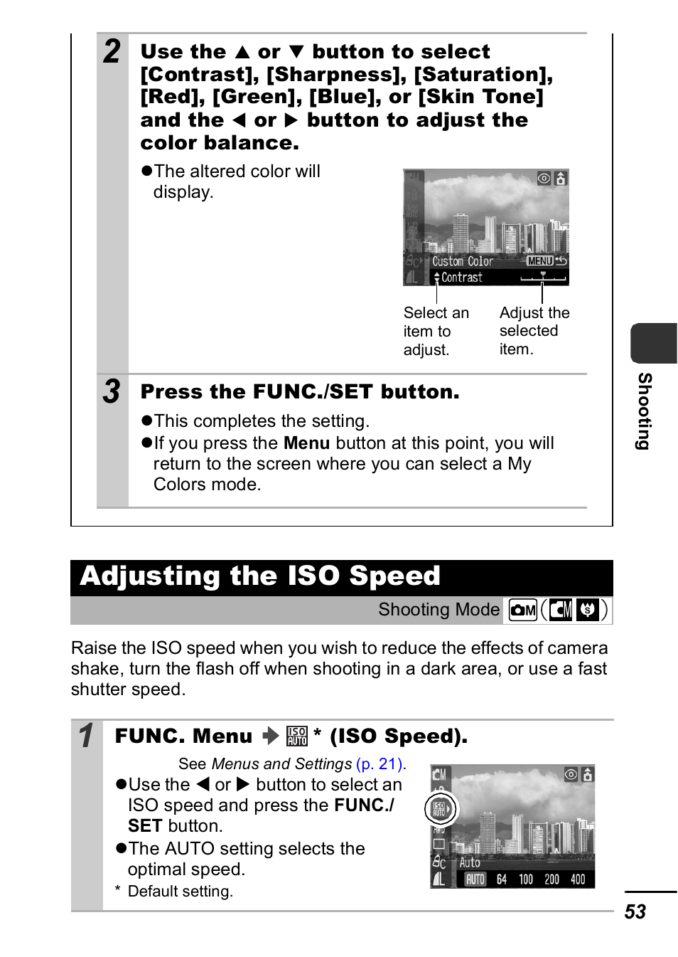 Adjusting the iso speed, P. 53), P. 53 | Canon A420 User Manual | Page 55 / 115