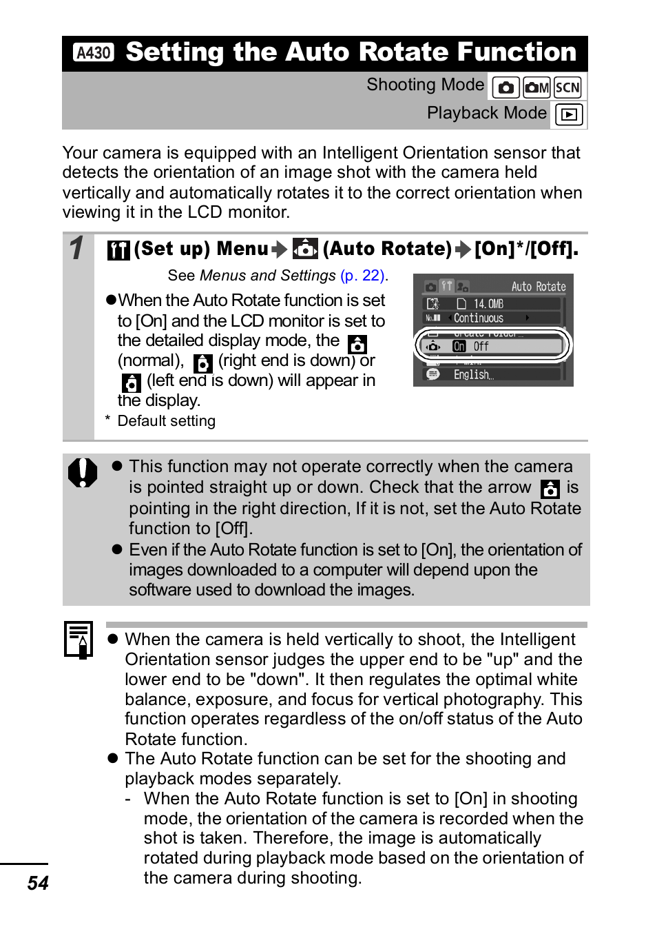 Setting the auto rotate function, P. 54), P. 54 | Canon A420 User Manual | Page 56 / 115