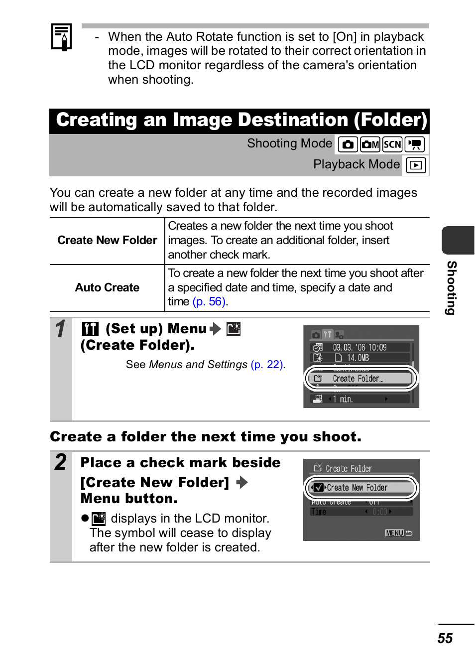 Creating an image destination (folder), P. 55), P. 55 | Canon A420 User Manual | Page 57 / 115