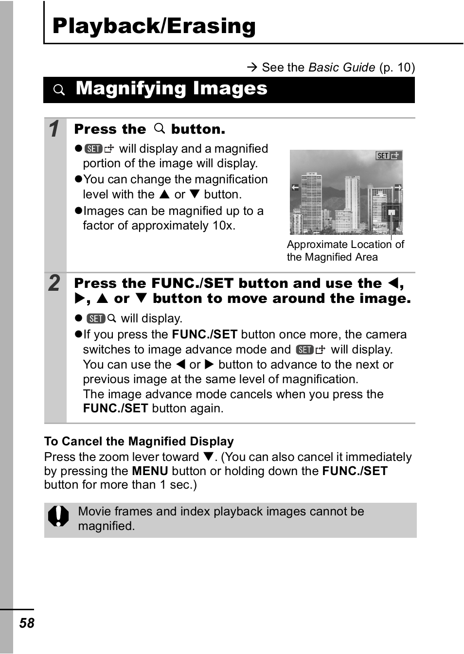 Playback/erasing, Magnifying images | Canon A420 User Manual | Page 60 / 115