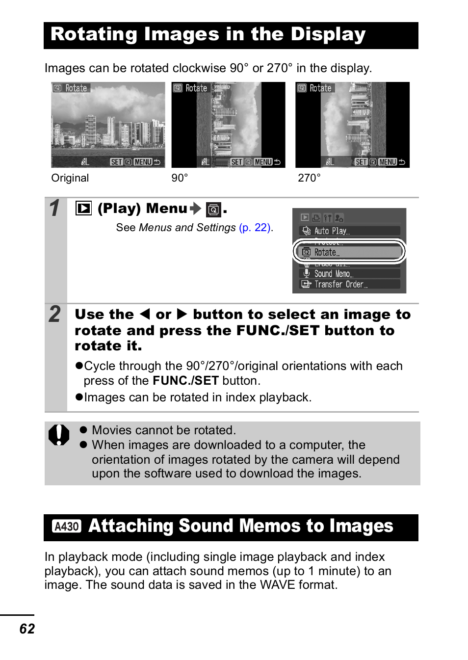 Rotating images in the display, Attaching sound memos to images, P. 62) | P. 62 | Canon A420 User Manual | Page 64 / 115