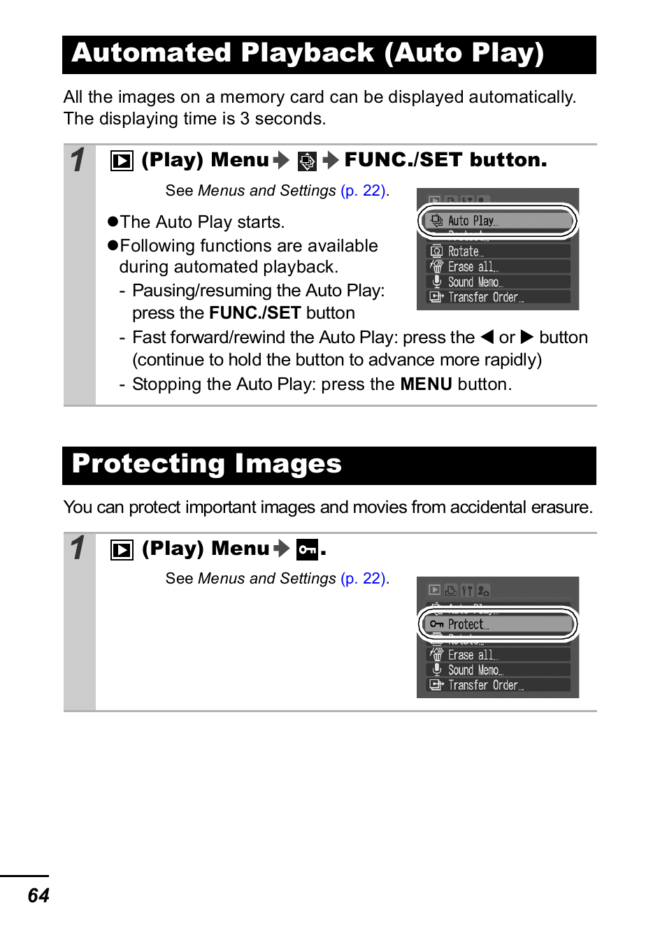Automated playback (auto play), Protecting images, Automated playback (auto play) protecting images | P. 64), P. 64 | Canon A420 User Manual | Page 66 / 115