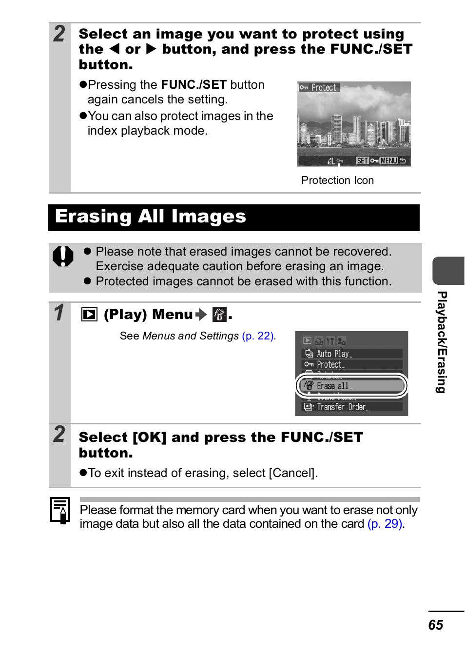 Erasing all images, P. 65 | Canon A420 User Manual | Page 67 / 115
