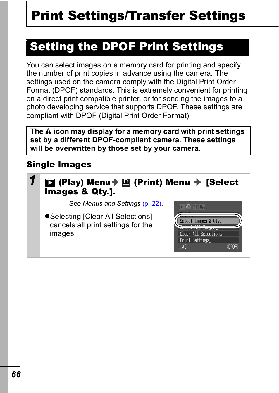 Print settings/transfer settings, Setting the dpof print settings, P. 66 | Canon A420 User Manual | Page 68 / 115
