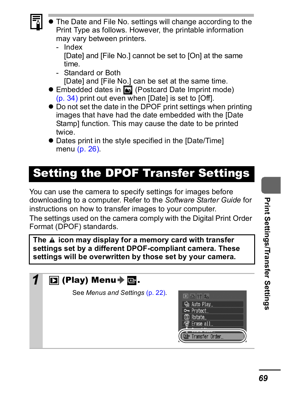 Setting the dpof transfer settings, P. 69 | Canon A420 User Manual | Page 71 / 115
