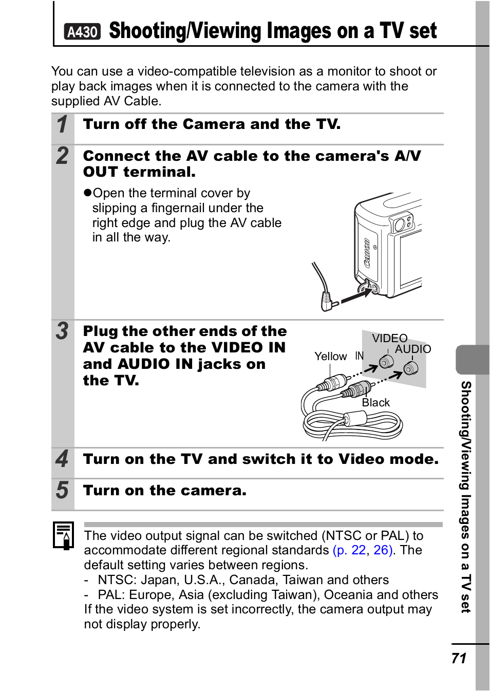 Shooting/viewing images on a tv set, P. 71), P. 71 | Canon A420 User Manual | Page 73 / 115