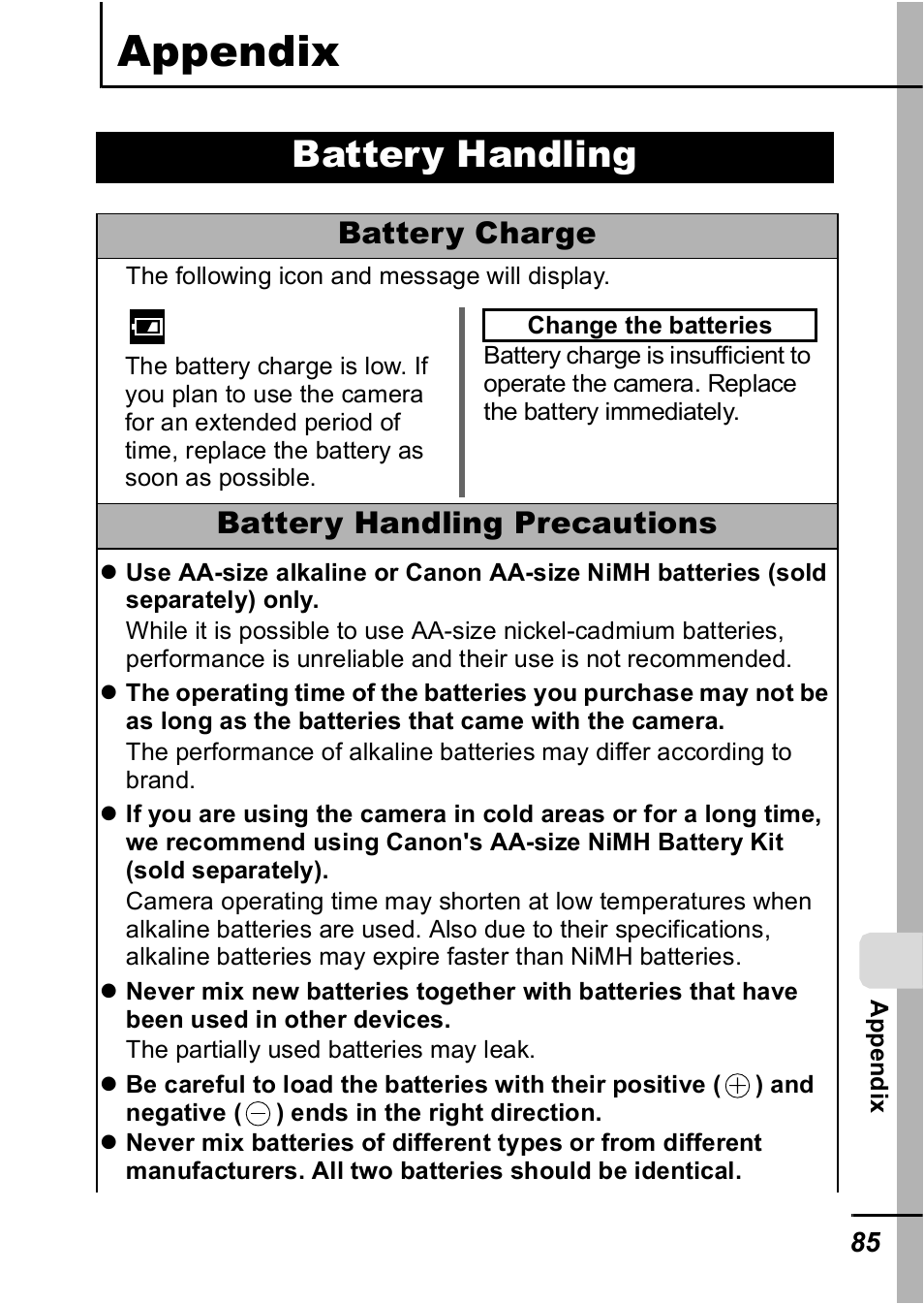 Appendix, Battery handling, P. 85) | Battery charge, Battery handling precautions | Canon A420 User Manual | Page 87 / 115