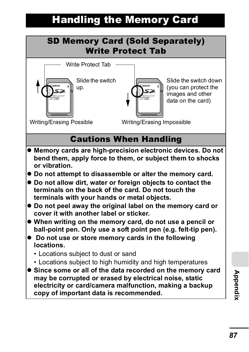 Handling the memory card, P. 87) | Canon A420 User Manual | Page 89 / 115