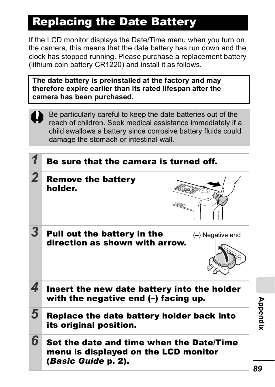 Replacing the date battery, P. 89) | Canon A420 User Manual | Page 91 / 115