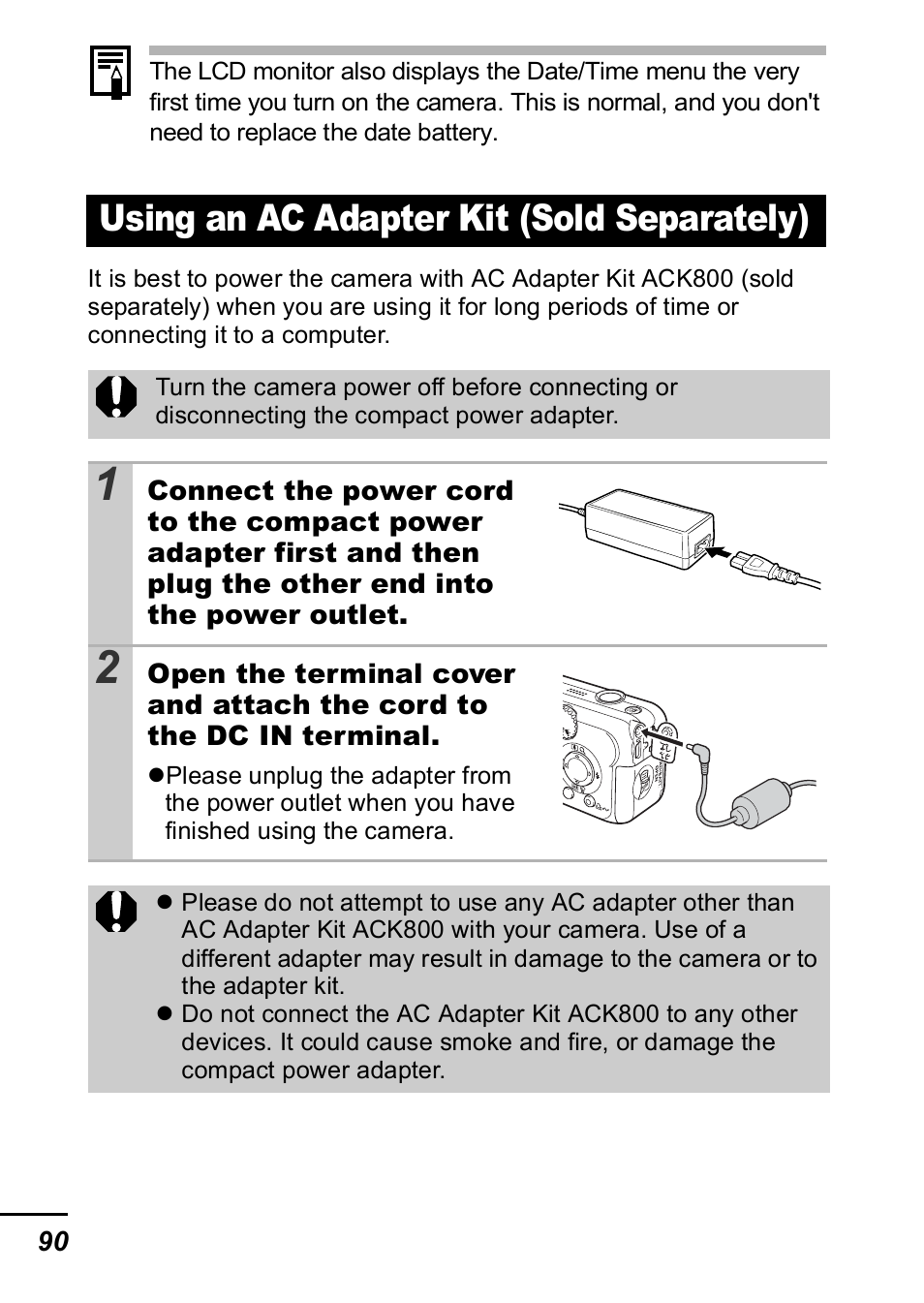 Using an ac adapter kit (sold separately), P. 90) | Canon A420 User Manual | Page 92 / 115