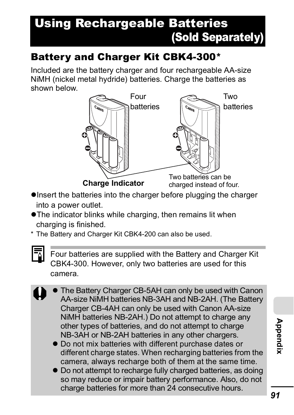 Using rechargeable batteries (sold separately), Battery and charger kit cbk4-300 | Canon A420 User Manual | Page 93 / 115