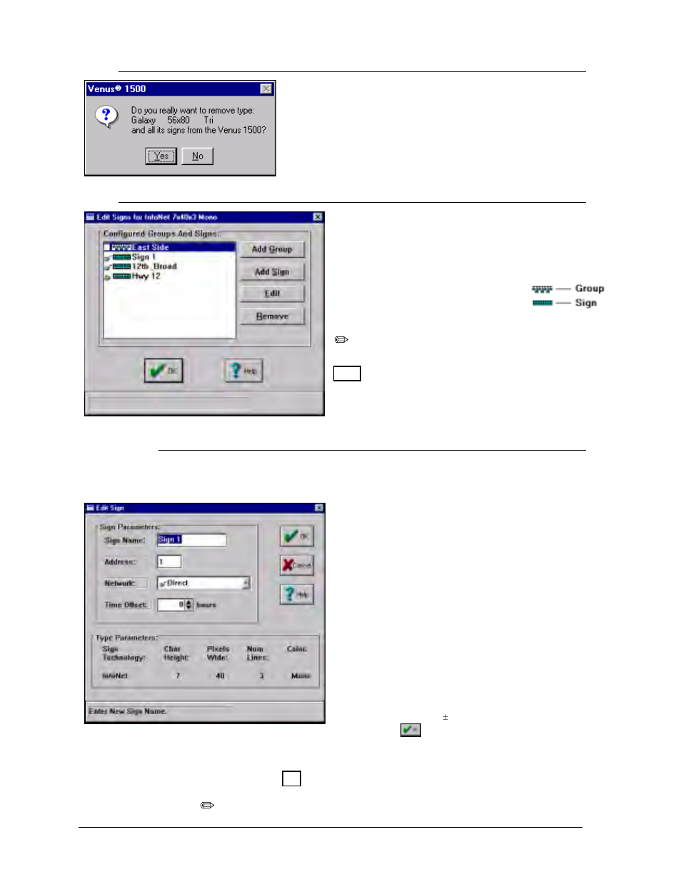 Remove sign type -6, Edit signs -6, Add sign -6 | Daktronics Venus 1500 Ver 1.x User Manual | Page 23 / 76