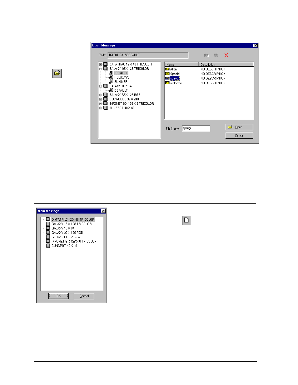Opening an existing message, Creating a new message, Opening an existing message -2 | Creating a new message -2 | Daktronics Venus 1500 Ver 2.x User Manual | Page 30 / 69