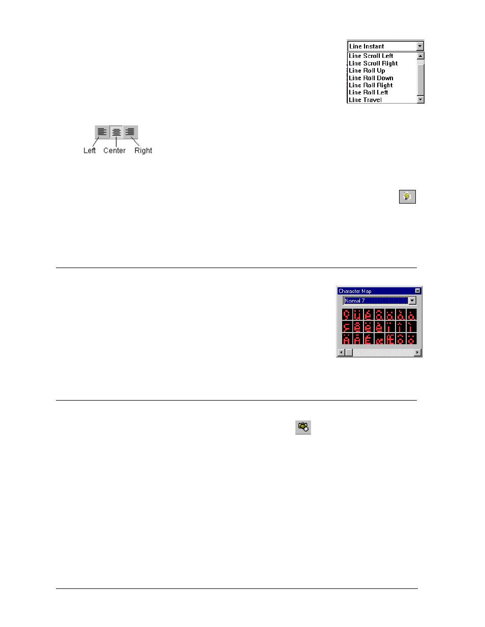 Specifying the entry effect, Line justification, Flashing text | Character map, Graphic frames, Specifying the entry effect -6, Line justification -6, Flashing text -6, Character map -6, Graphic frames -6 | Daktronics Venus 1500 Ver 2.x User Manual | Page 34 / 69