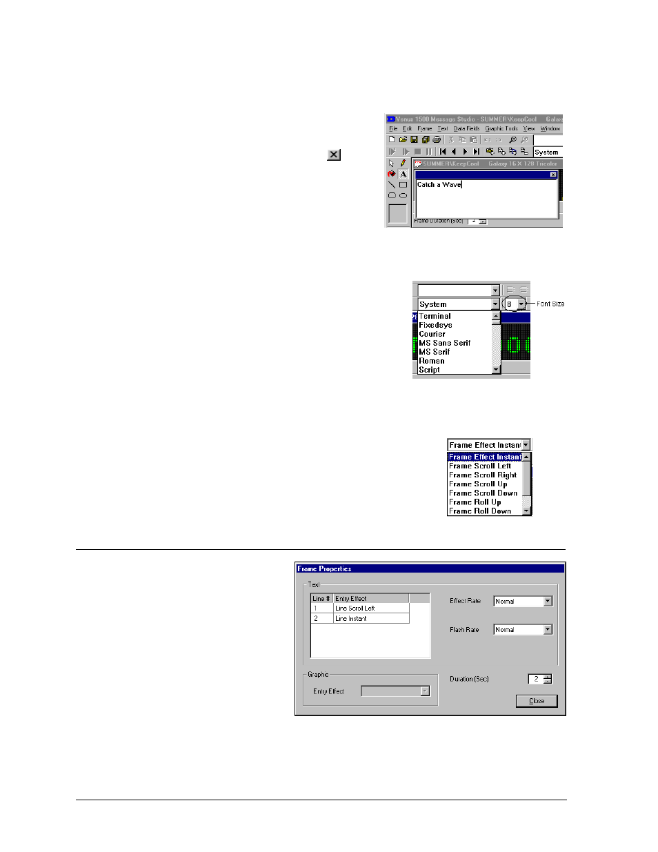Adding text-objects, Specifying the entry effect, Frame properties | Adding text-objects -8, Specifying the entry effect -8, Frame properties -8 | Daktronics Venus 1500 Ver 2.x User Manual | Page 36 / 69