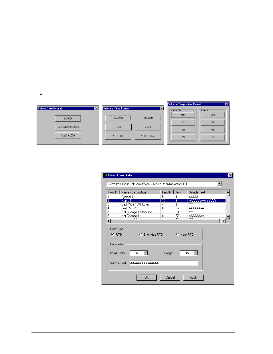 Date, time & temperature data fields, Real time data (rtd), Date, time & temperature data fields -10 | Real time data (rtd) -10 | Daktronics Venus 1500 Ver 2.x User Manual | Page 38 / 69